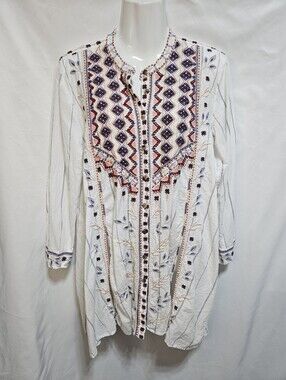 Johnny Was Workshop Embroidered Boho Tunic Top White Stripe Cotton Size PS
